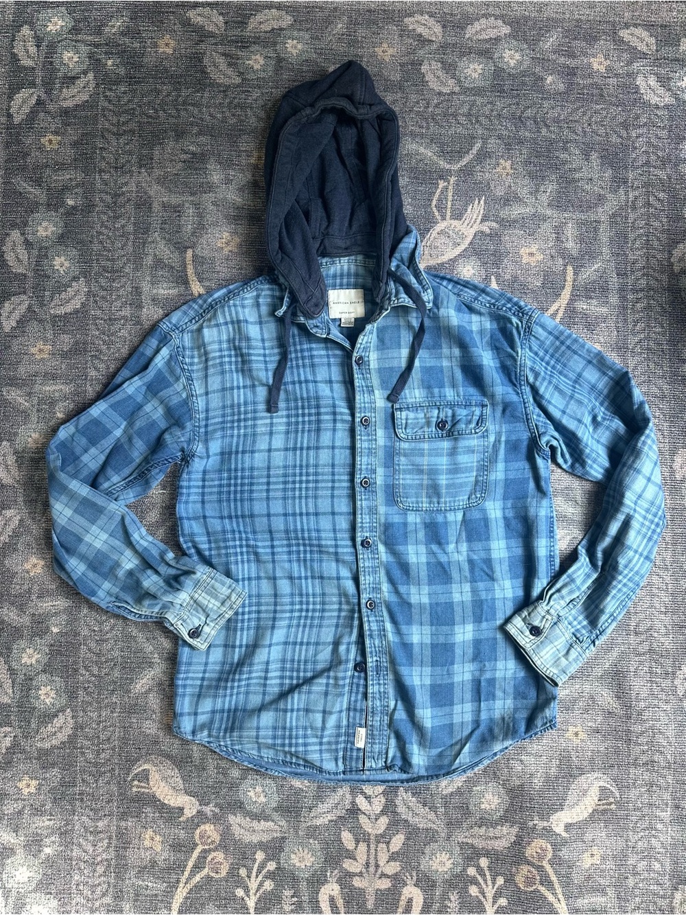 American Eagle Outfitters Blue Plaid Hooded Button-Down Shirt size S